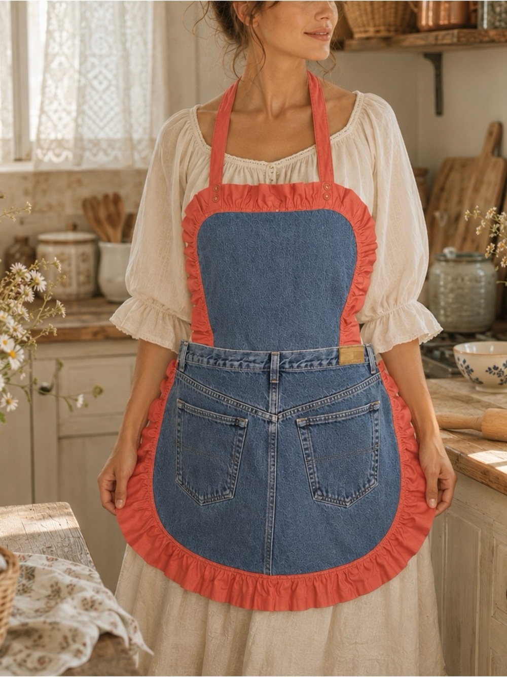 Vintage DIY Upcycled Denim Ruffle Apron Cottagecore Farmhouse Prairie Kitchen